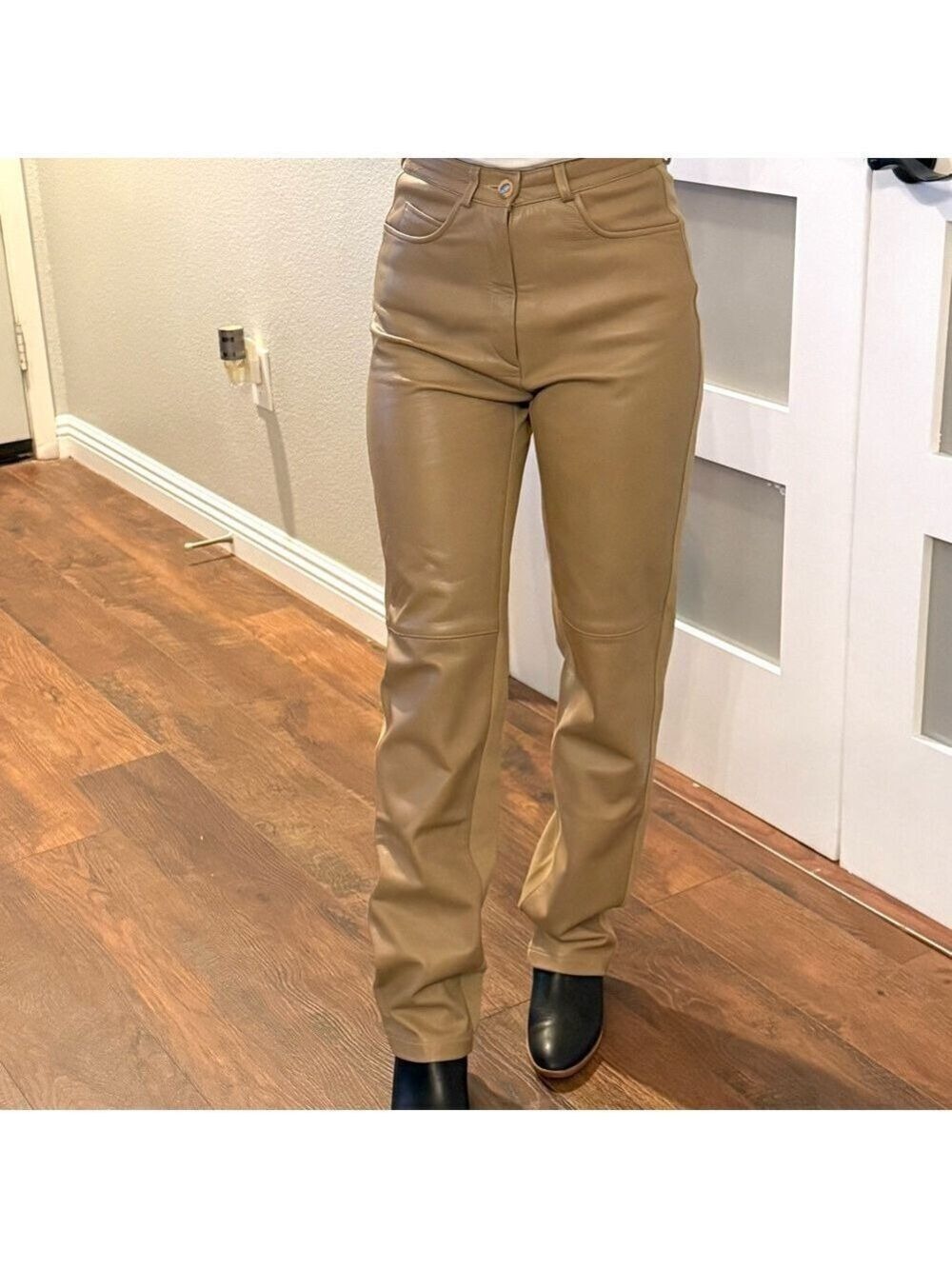 B.S.L. Industry tan leather/fabric jeans. Size XS. Made in France